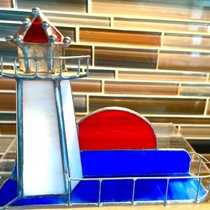 1980 Vintage Lighthouse Stained glass business card holder